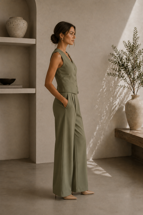 Women's Button-Down Sleeveless Vest and Trousers Set
