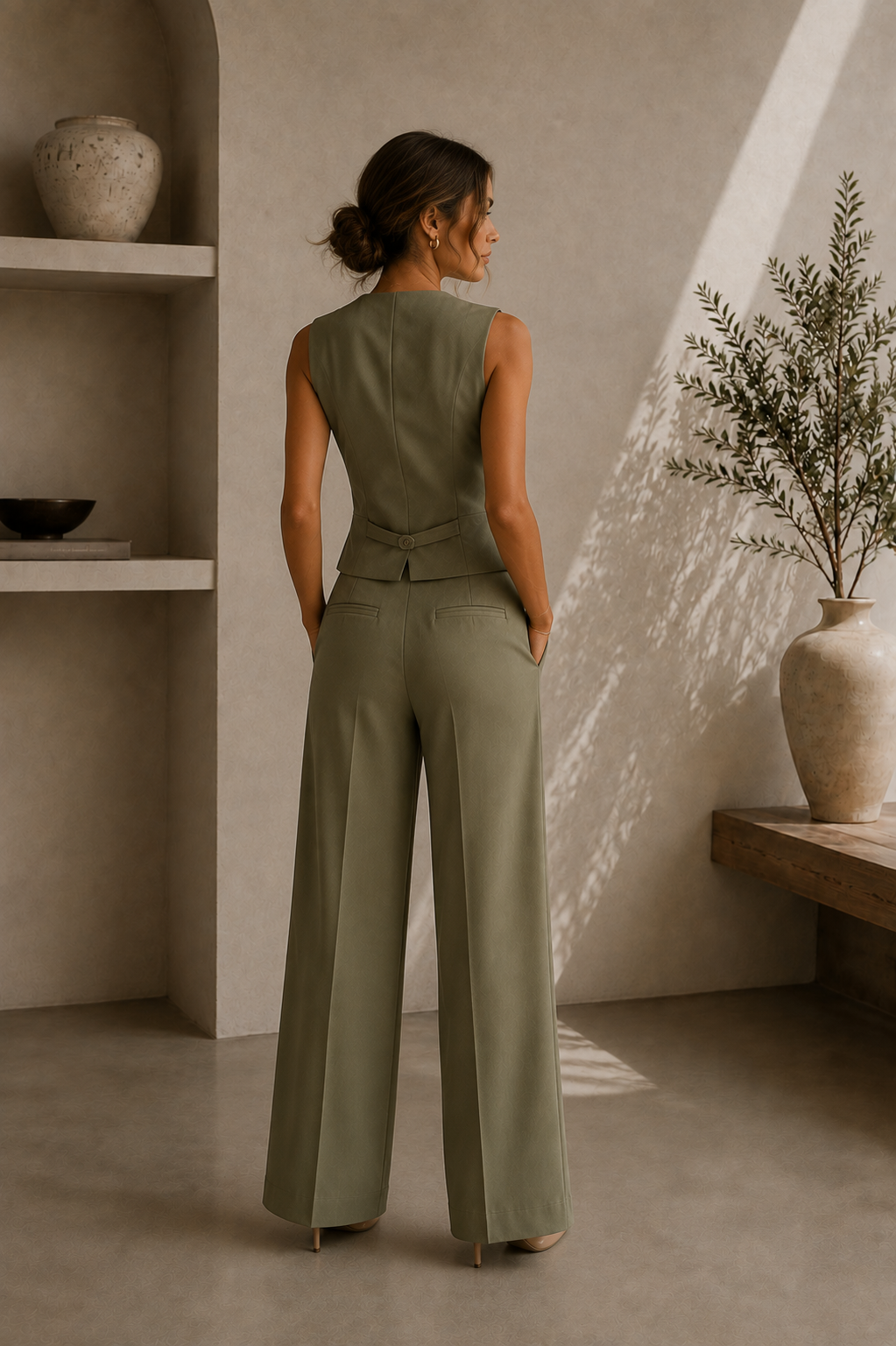Women's Button-Down Sleeveless Vest and Trousers Set