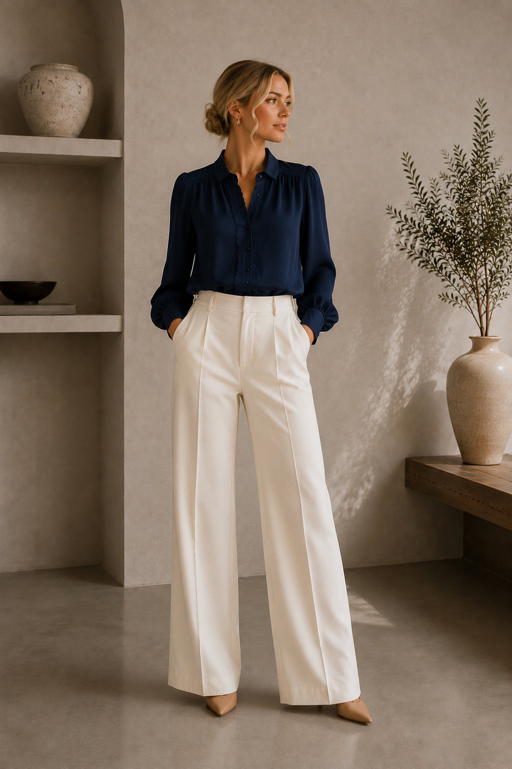 Women's Scalloped Button-Down Long Sleeve Blouse