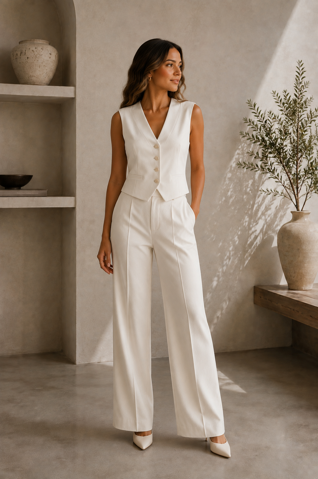 Women's Button-Down Vest and Pants Two-Piece Set