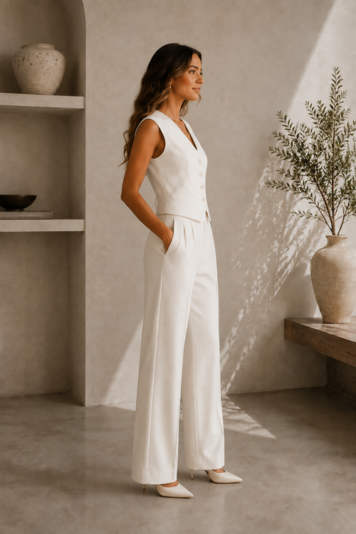 Women's Button-Down Vest and Pants Two-Piece Set