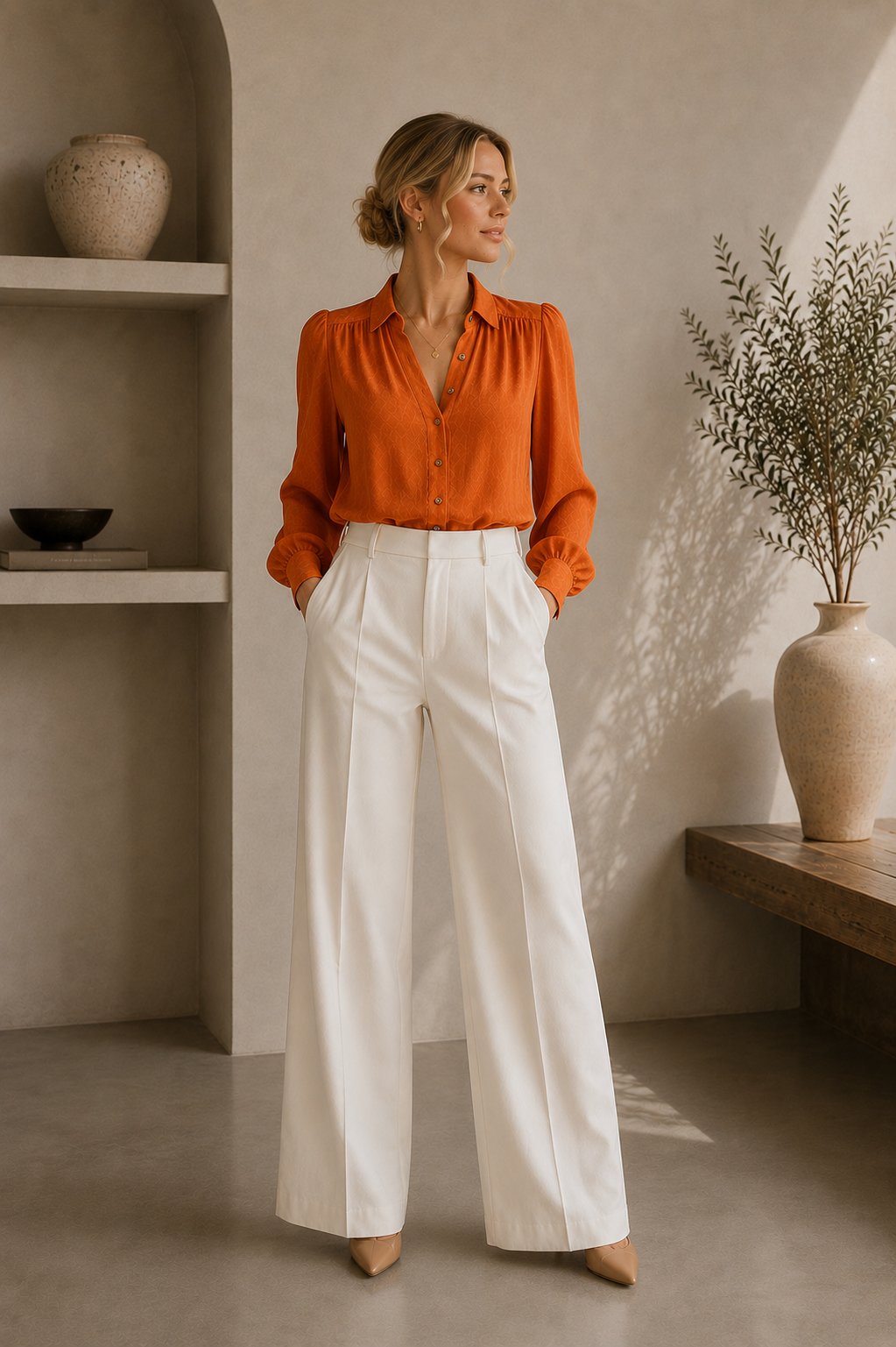Women's Textured Button-Down Long Sleeve Blouse