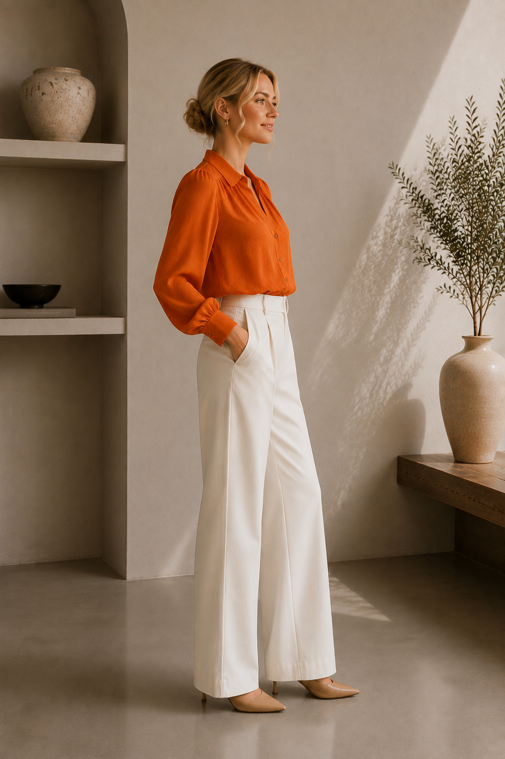 Women's Textured Button-Down Long Sleeve Blouse