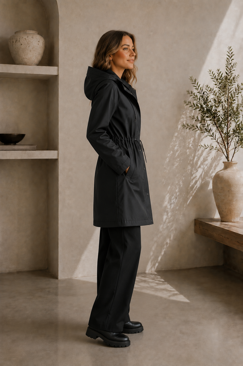 Women's Hooded Drawstring Long Raincoat