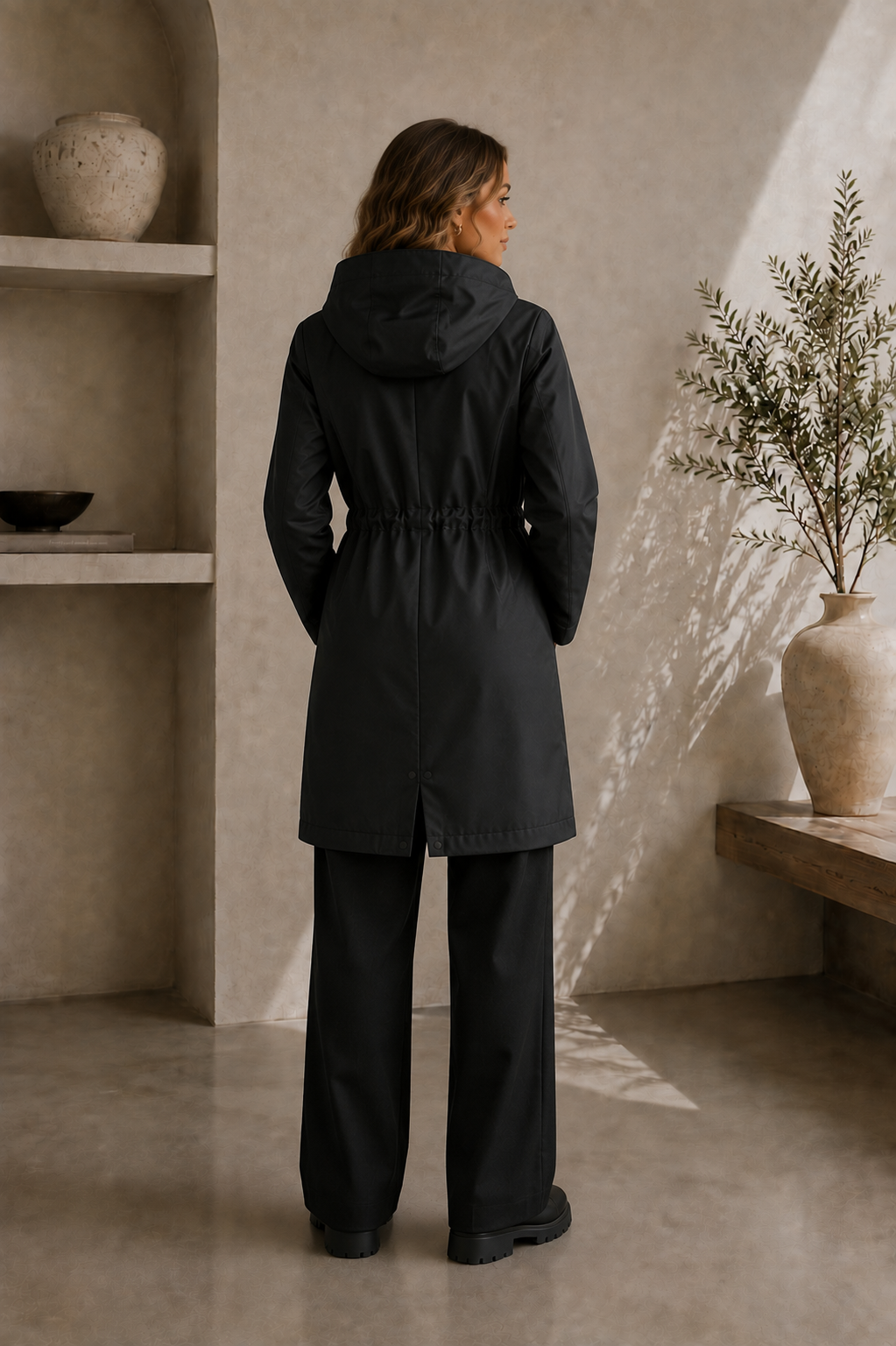 Women's Hooded Drawstring Long Raincoat