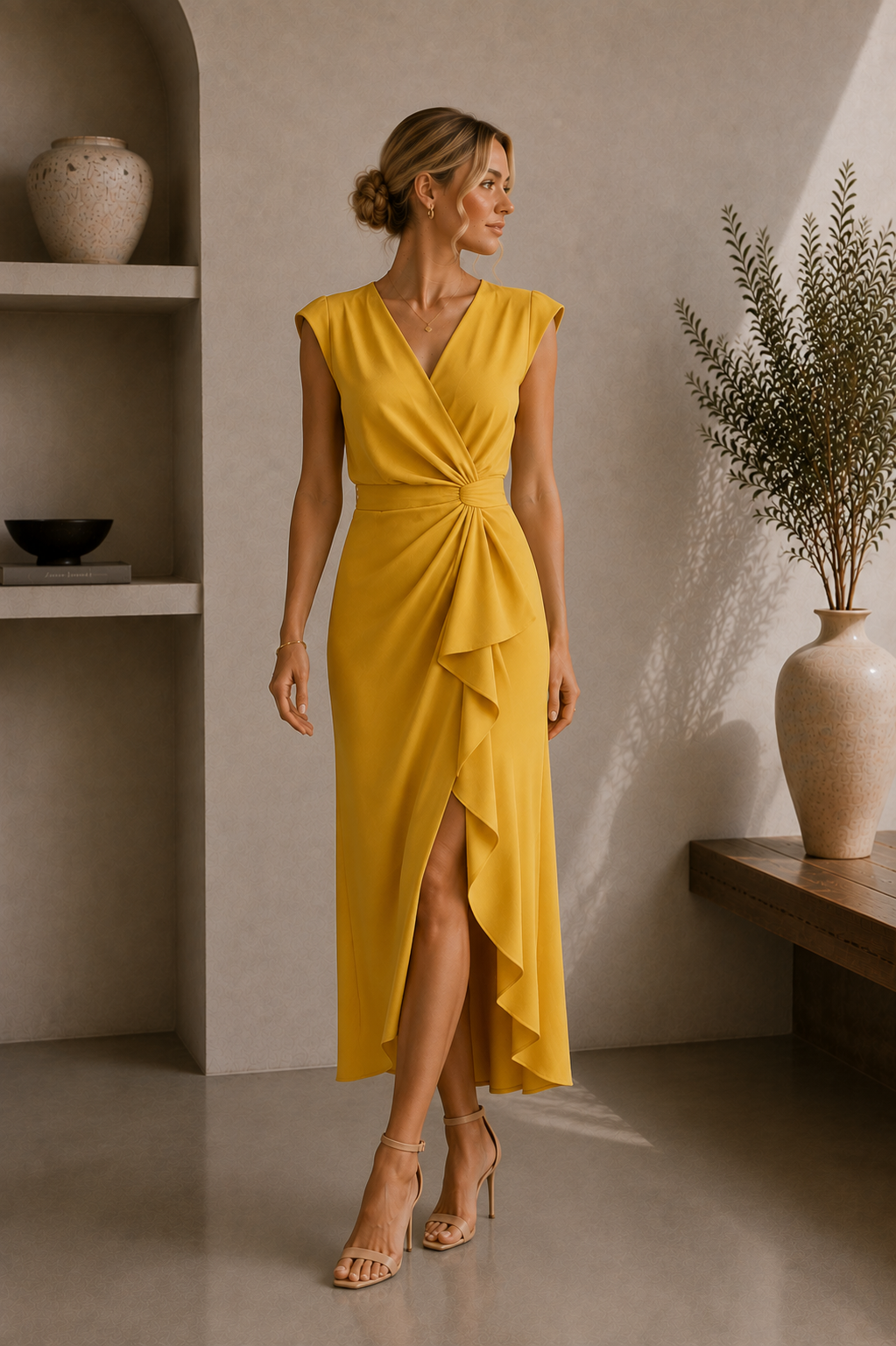 Women's Ruffled V-Neck Sleeveless Midi Dress