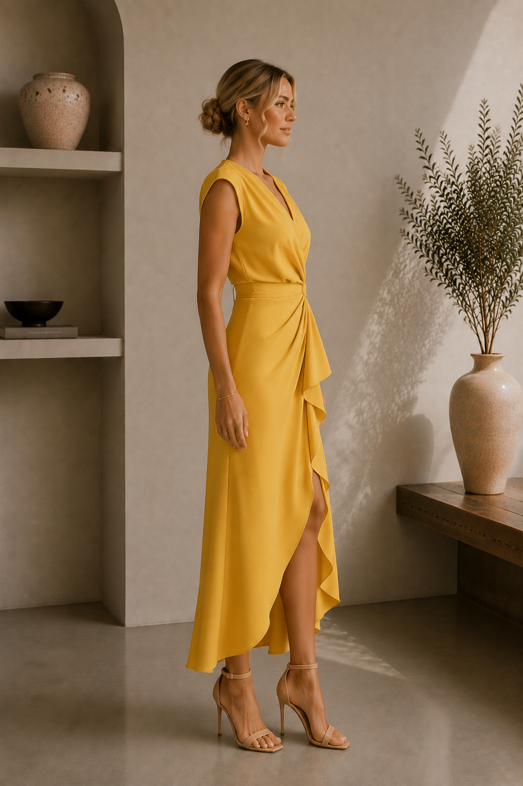 Women's Ruffled V-Neck Sleeveless Midi Dress